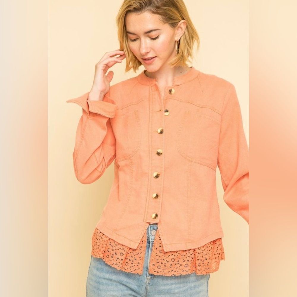 Mystree coral linen bland peplum lace hem button front folded split cuff jacket